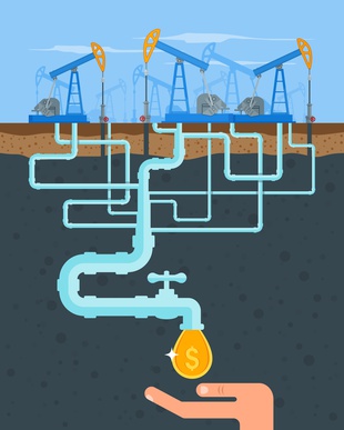 Transform oil to money concept. Get cash from oil pipe. Black gold. Oil pumps. Oil and gas industry.