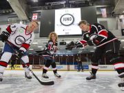 New players complete team roster for the 15th annual JUNO Cup 2017 Juno Cup Practice. Gary Roberts, Kathleen Edwards and Jim Cuddy have some fun rehearsing the ceremonial puck drop. The NHL Greats will play the Rockers, Friday, March 31. TD Place, Ottawa, ON. March 30, 2017. CARAS/iPhoto