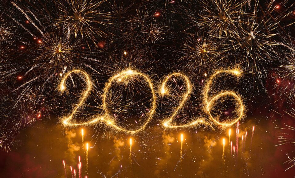 happy new year, new year's eve, silvester, new year, celebration greeting card, new year card - Year 2026 in sparkler font and firework fireworks pyrotechnic, isolated on black night sky background